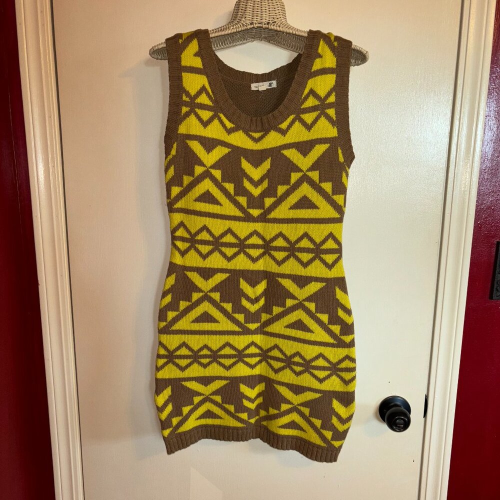 MINE Aztec Neon Yellow & Brown Sleeveless Sweater Dress